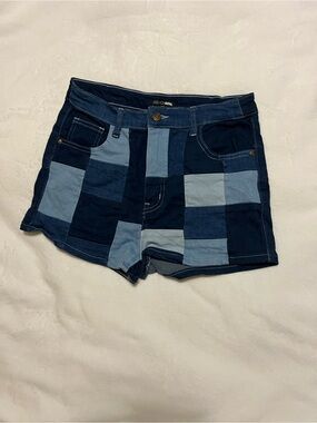 Patchwork Denim Shorts - Blue -